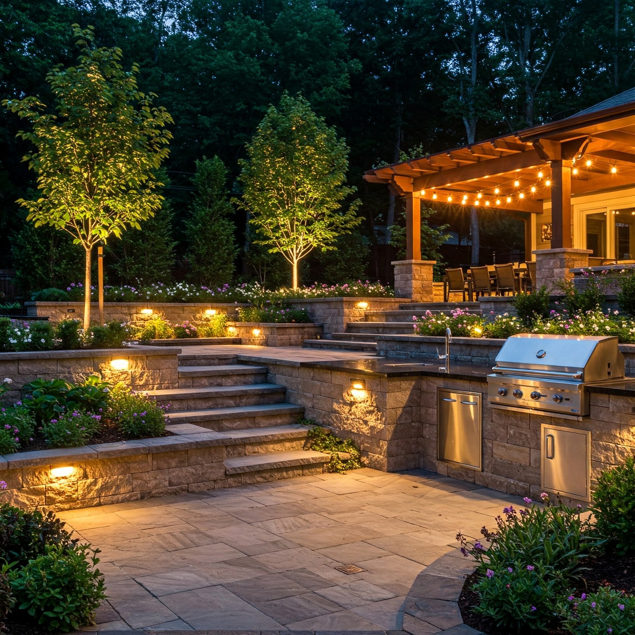 Natural stone paver patio ideas with pergola and outdoor seating area