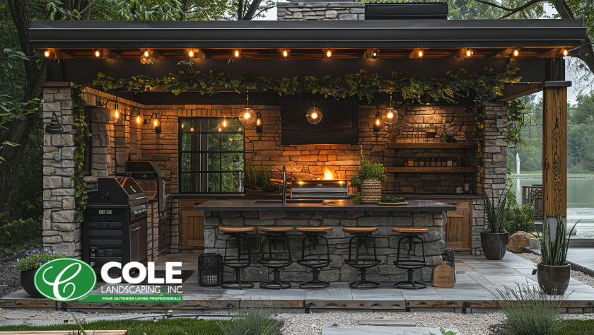 Outdoor kitchen with built-in grill and fire pit by Cole Landscaping
